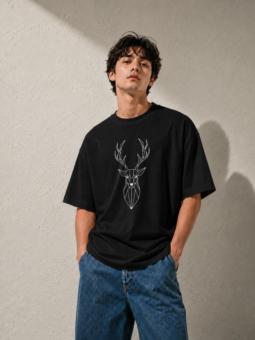 Geometric Stag Embroidered Oversized T-Shirt