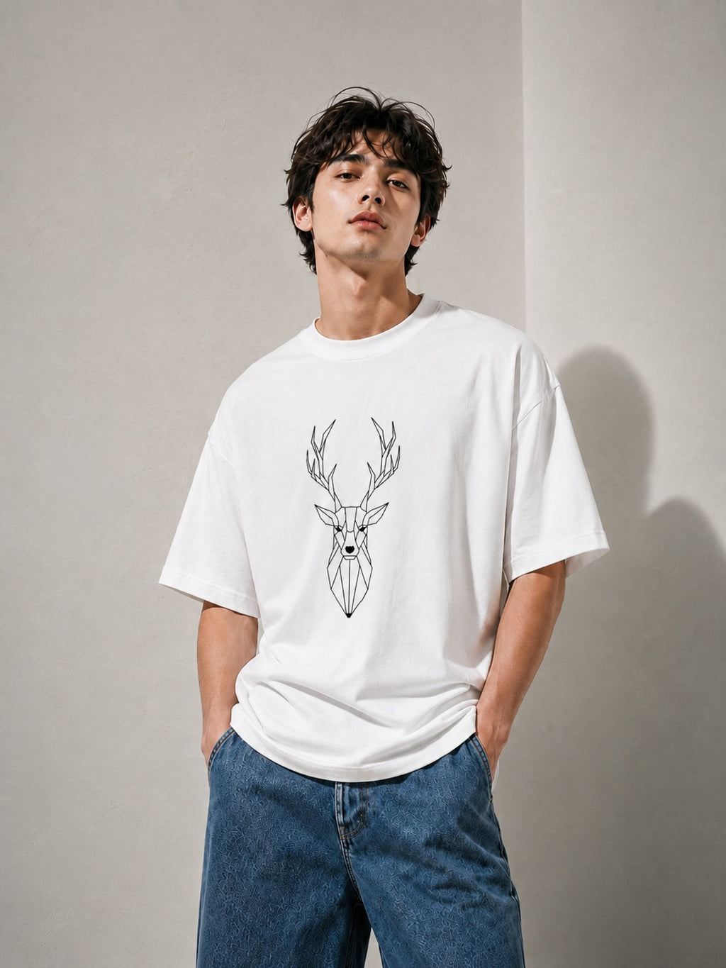 Geometric Stag Embroidered Oversized T-Shirt