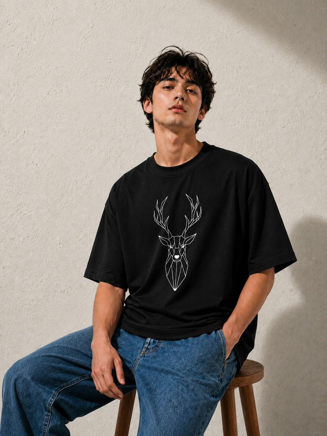 Geometric Stag Embroidered Oversized T-Shirt