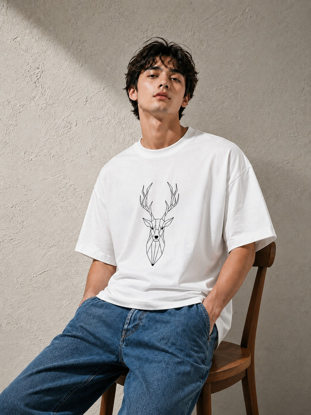 Geometric Stag Embroidered Oversized T-Shirt