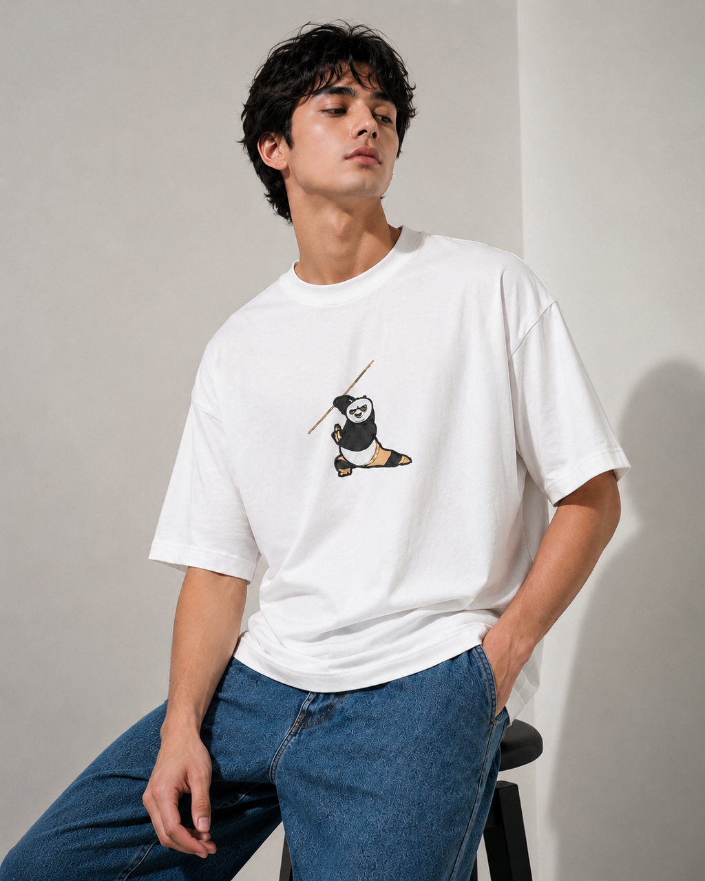 Panda Strike Embroidered Oversized T-Shirt