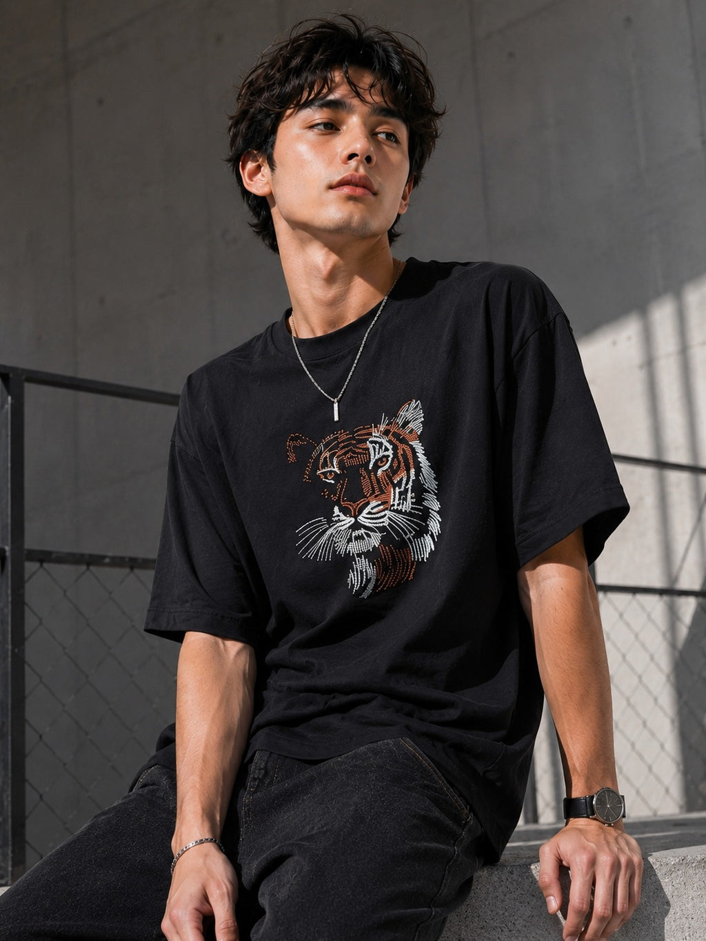 Tiger Face Embroidered Oversized T-Shirt