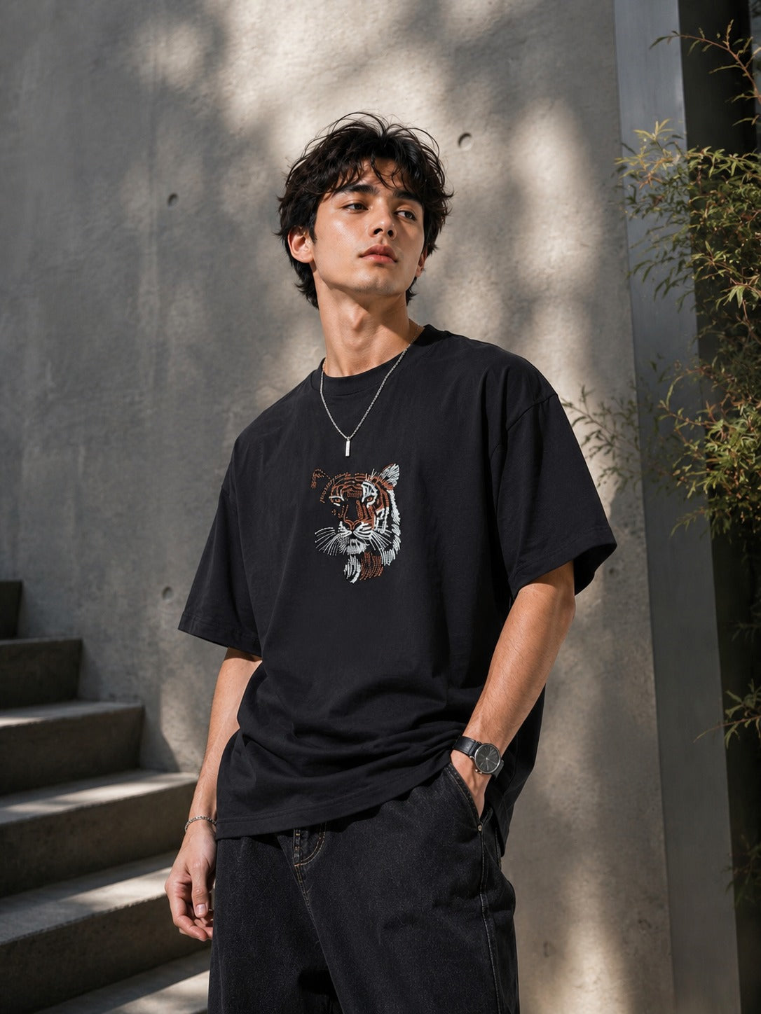 Tiger Face Embroidered Oversized T-Shirt