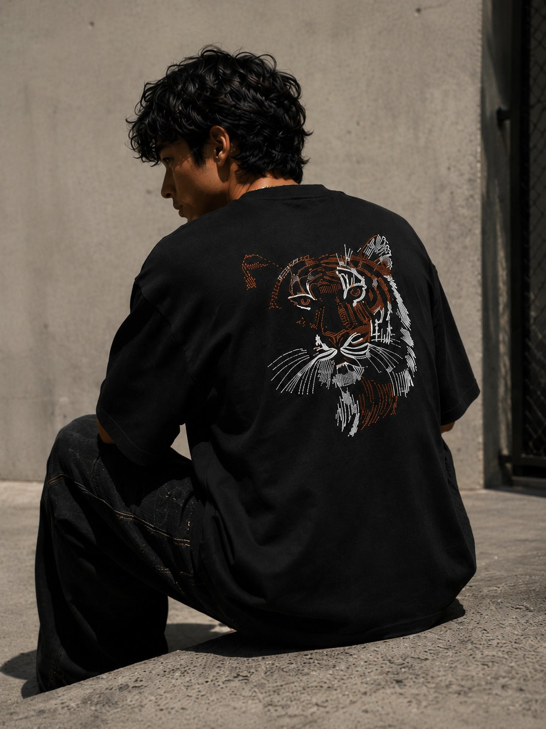 Tiger Face Back Side Embroidered Oversized T-Shirt