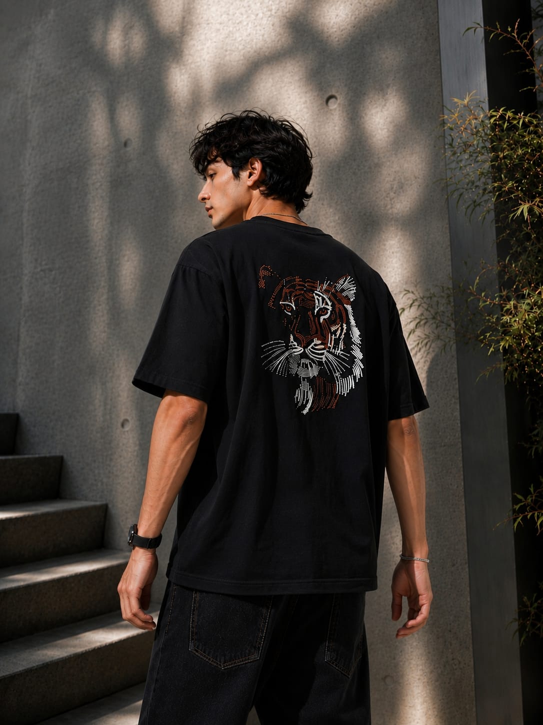 Tiger Face Back Side Embroidered Oversized T-Shirt